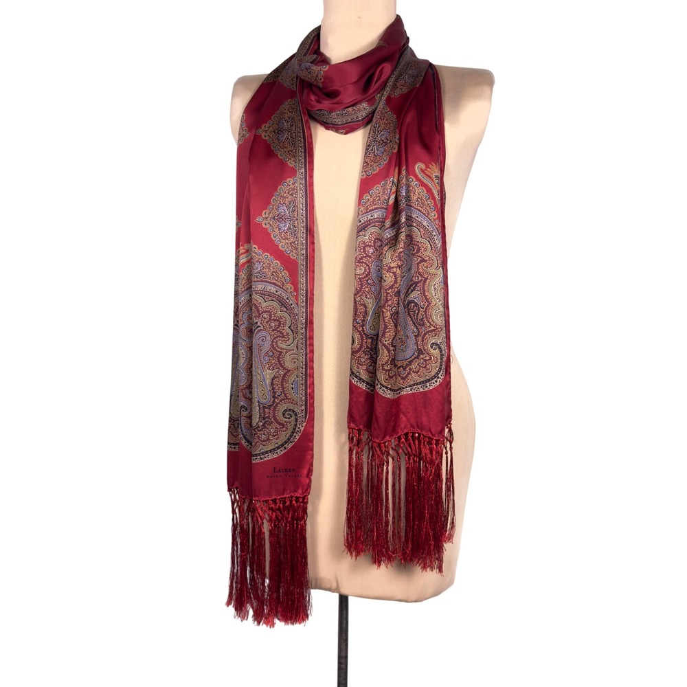 Vtg 90 Lauren Ralph Lauren Paisley Scarf Burgundy Beads Fringe 21x88 Equestrian